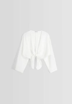 BERSHKA Long Sleeve Knotted- Blouse - White -Bershka d66a4b0272dc4da7ab6d4b91ecdab3ed