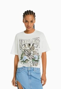 BERSHKA Short Sleeve - Print - T-Shirt Print - White