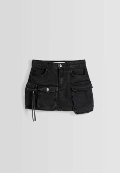 BERSHKA Multi Pocket Twill- Jeansrok - Black -Bershka d9af8ab1a9e64d8582aa92afc629ef08