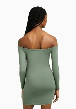 BERSHKA Long Sleeve Mini - Etui-Jurk - Khaki -Bershka d9d26f3d55e5474f89eeeb894cb94fa4