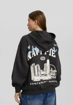 BERSHKA Printed With Puffer Hoodie - Sweater Met Rits - Dark Grey