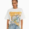 BERSHKA Printed Oversize Short Sleeve- T-Shirt Print - Beige