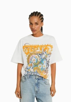 BERSHKA Printed Oversize Short Sleeve- T-Shirt Print - Beige