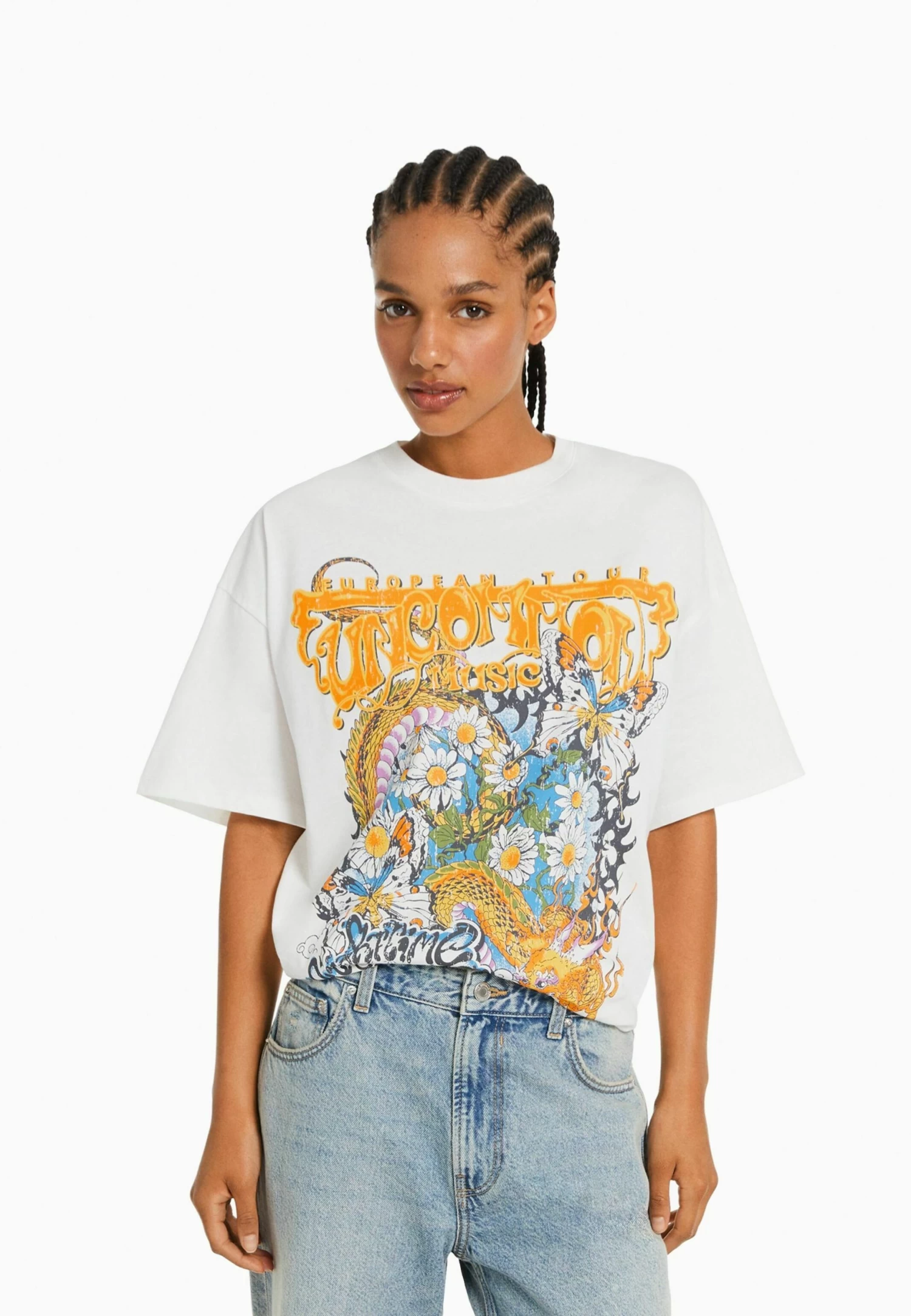 BERSHKA Printed Oversize Short Sleeve- T-Shirt Print - Beige 1 BERSHKA Printed Oversize Short Sleeve- T-Shirt Print - Beige