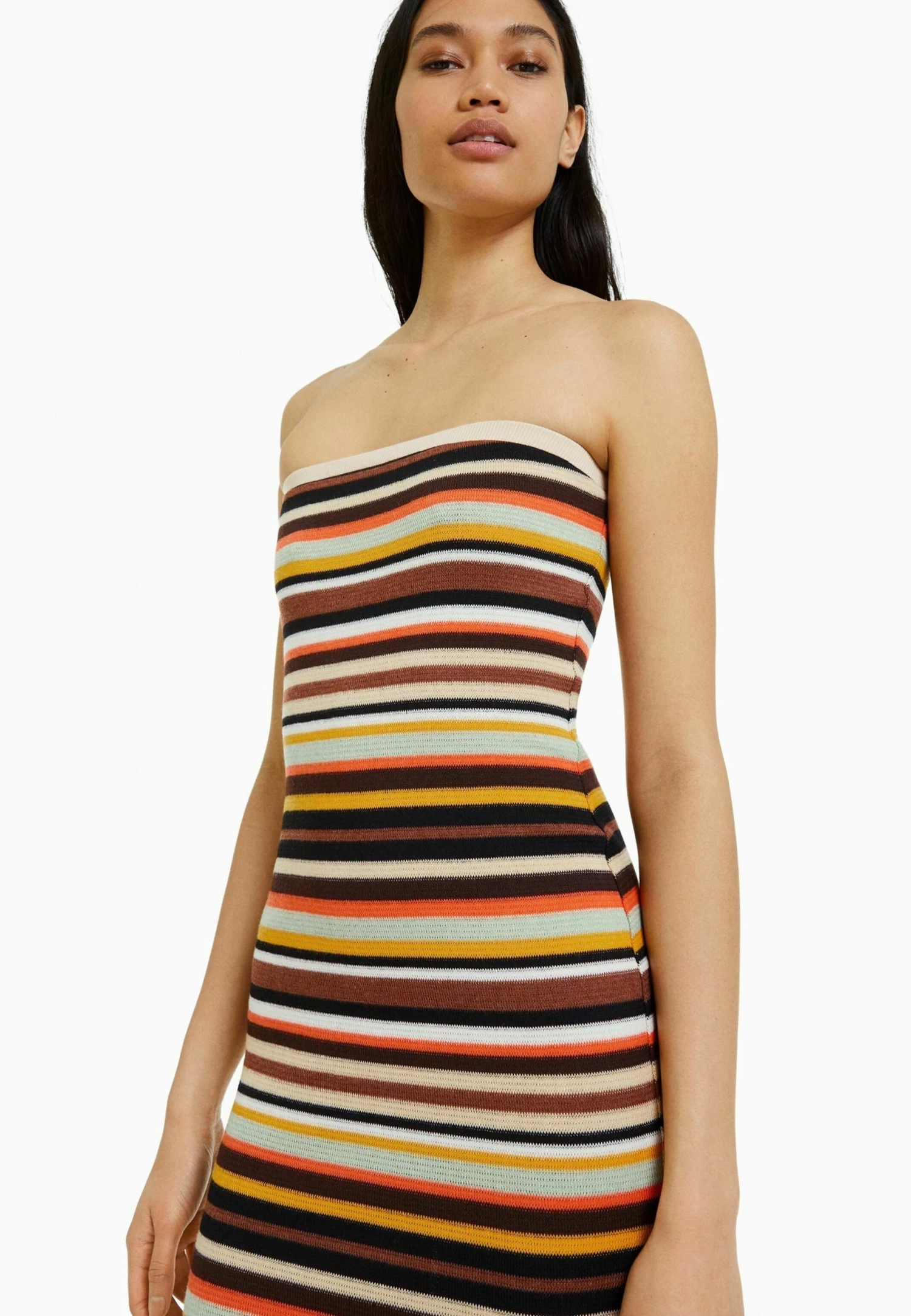 BERSHKA Striped Bandeau Midi - Gebreide Jurk - Brown 5 BERSHKA Striped Bandeau Midi - Gebreide Jurk - Brown - Afbeelding 5