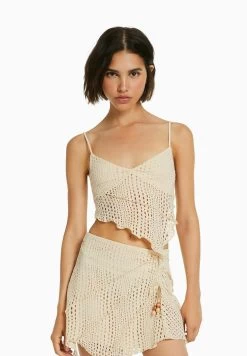 BERSHKA Seamed Strappy Rustic Crop - Top - White