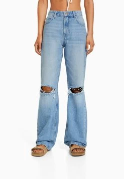 BERSHKA Wide 90S Ripped - Relaxed Fit Jeans - Light Blue Denim