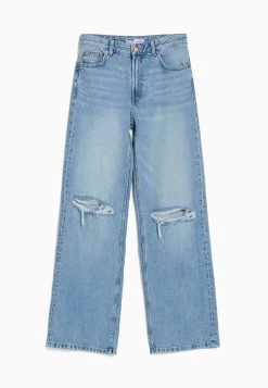 BERSHKA Wide 90S Ripped - Relaxed Fit Jeans - Light Blue Denim -Bershka eb71522697044b289abe2b01e12e0aaa