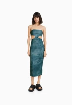 BERSHKA Cut Out Bandeau Midi- Etui-Jurk - Dark Blue