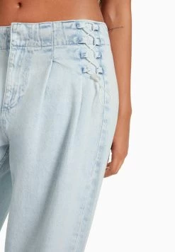 BERSHKA Wide Leg90S Tie- Straight Leg Jeans - Light Blue -Bershka f4abe970aea24ccbbd3de1d89068d734