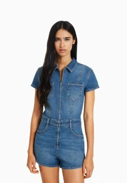 BERSHKA Zip - Jumpsuit - Light Blue Denim