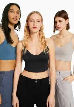 BERSHKA 3-PackStrappy- Top - Off White/Blue/Grey