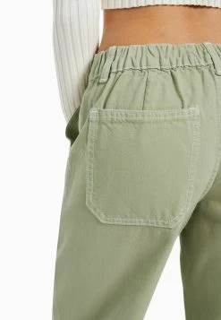BERSHKA Elastic Waistband And Pocket- Flared Jeans - Khaki -Bershka f8820ba4a3c94c3c936a286c45057351