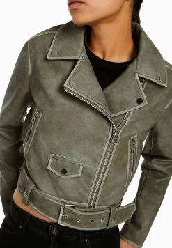 BERSHKA Faded Belted - Imitatieleren Jas - Dark Grey -Bershka fb729bb20fe047d894199161bbedea8f