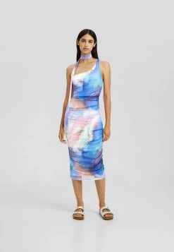 BERSHKA Asymmetric Print - Etui-Jurk - Light Blue